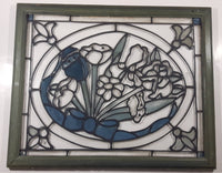 Vintage Bow Rapped Bouquet of Flowers Blue and Green Painted Stained Glass 18" x 22" Wood Framed Wall Hanging