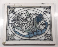 Vintage Bow Rapped Bouquet of Flowers Blue and Green Painted Stained Glass 18" x 22" Wood Framed Wall Hanging