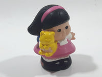 2001 Little People Black Hair Pink Dress Girl Holding Yellow Cat 2 1/4" Tall Toy Figure