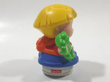 2001 Little People Blonde Hair Red and white Shirt Blue Pants Holding Green Frog 2 1/4" Tall Toy Figure