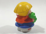 2001 Little People Blonde Hair Red and white Shirt Blue Pants Holding Green Frog 2 1/4" Tall Toy Figure