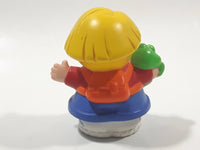 2001 Little People Blonde Hair Red and white Shirt Blue Pants Holding Green Frog 2 1/4" Tall Toy Figure