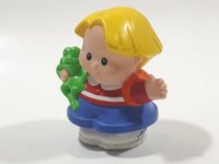 2001 Little People Blonde Hair Red and white Shirt Blue Pants Holding Green Frog 2 1/4" Tall Toy Figure