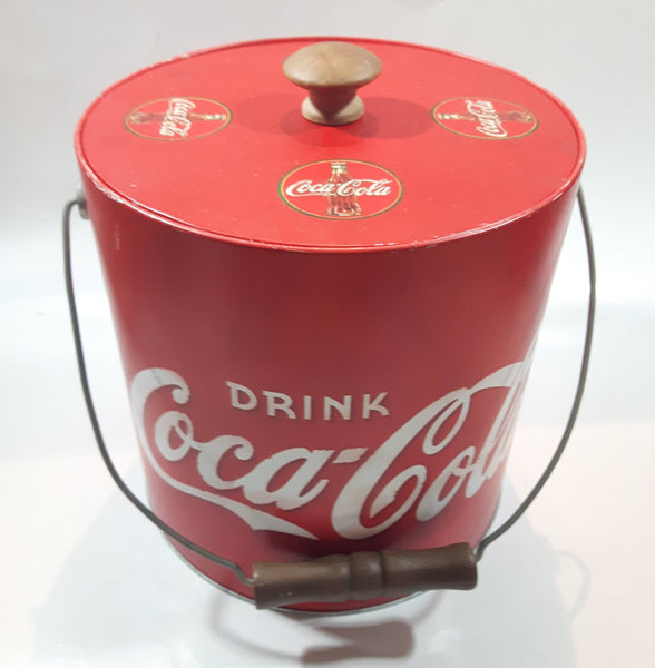 Drink Coca Cola Ice Bucket Pail Galvanized Metal Plastic Coated with Wood Handle