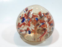 Orange White and Blue Lily Style Flowers Round Clear Art Glass Paperweight 2" Tall
