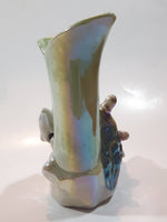 Vintage Lustreware Dolphins and Captain's Ship Wheel Themed Blue and Green 4 3/4" Tall Porcelain Vase Made in Japan