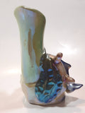 Vintage Lustreware Dolphins and Captain's Ship Wheel Themed Blue and Green 4 3/4" Tall Porcelain Vase Made in Japan