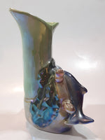 Vintage Lustreware Dolphins and Captain's Ship Wheel Themed Blue and Green 4 3/4" Tall Porcelain Vase Made in Japan