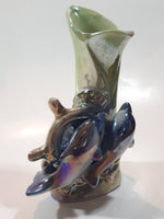 Vintage Lustreware Dolphins and Captain's Ship Wheel Themed Blue and Green 4 3/4" Tall Porcelain Vase Made in Japan