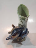 Vintage Lustreware Dolphins and Captain's Ship Wheel Themed Blue and Green 4 3/4" Tall Porcelain Vase Made in Japan