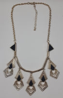 Vintage Art Deco Black Enamel Chevron Rhinestone Gold Tone Metal Necklace 16" Long