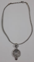 Purple and Clear Rhinestone Dangle Bead Metal Hollow Chain Necklace 14" Long