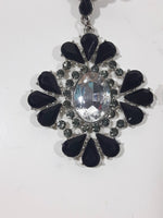 Clear and Black Plastic Style Gemstones with Clear Rhinestones 3" Long Dangling Pin Back Earrings