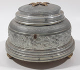 Antique 1935 Flower Embossed Round Aluminium Metal Musical Lidded Powder Box