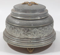 Antique 1935 Flower Embossed Round Aluminium Metal Musical Lidded Powder Box