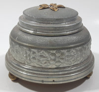 Antique 1935 Flower Embossed Round Aluminium Metal Musical Lidded Powder Box