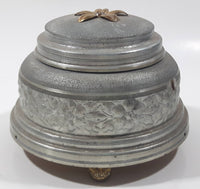 Antique 1935 Flower Embossed Round Aluminium Metal Musical Lidded Powder Box