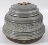 Antique 1935 Flower Embossed Round Aluminium Metal Musical Lidded Powder Box