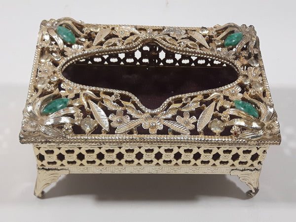 Vintage Green Polished Gemstone and Clear Rhinestone Golden Tone Metal Ornate Travel Bedroom Small Tissue Holder 3" 1/4" x 5"