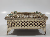 Vintage Green Polished Gemstone and Clear Rhinestone Golden Tone Metal Ornate Travel Bedroom Small Tissue Holder 3" 1/4" x 5"