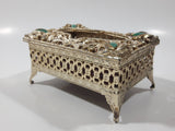 Vintage Green Polished Gemstone and Clear Rhinestone Golden Tone Metal Ornate Travel Bedroom Small Tissue Holder 3" 1/4" x 5"