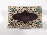Vintage Green Polished Gemstone and Clear Rhinestone Golden Tone Metal Ornate Travel Bedroom Small Tissue Holder 3" 1/4" x 5"