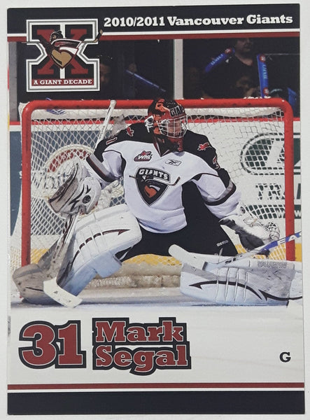 2010 2011 WHL Vancouver Giants Mark Segal #31 Goalie 2 1/2" x 3 1/2" Paper Card