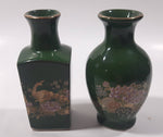 Vintage Asahi Japan Peacock and Flower Themed Green Miniature 3 3/4" Bud Vases Set of 2