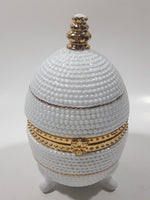 Vintage Bubble Texture Gold Tone Trimmed White 5 1/2" Tall Footed Egg Trinket Box