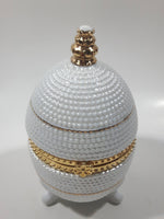 Vintage Bubble Texture Gold Tone Trimmed White 5 1/2" Tall Footed Egg Trinket Box