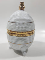 Vintage Bubble Texture Gold Tone Trimmed White 5 1/2" Tall Footed Egg Trinket Box