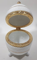 Vintage Bubble Texture Gold Tone Trimmed White 5 1/2" Tall Footed Egg Trinket Box