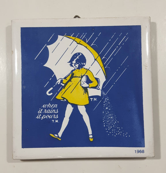 Vintage Morton Salt 1968 Advertising When It Rains It Pours 4 1/4" x 4 1/4" Ceramic Tile Trivet