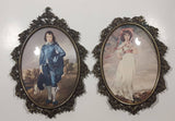 Vintage Mid Century Blue Boy and Pinkie Girl Ornate 6 3/4" x 9 1/2" Metal Bowed Glass Picture Frames One Missing Top Point