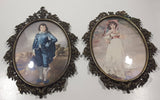 Vintage Mid Century Blue Boy and Pinkie Girl Ornate 6 3/4" x 9 1/2" Metal Bowed Glass Picture Frames One Missing Top Point