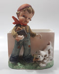 Vintage Farm Boy with White Brown Spotted Dog Porcelain Planter Memo Notepad Holder