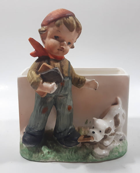 Vintage Farm Boy with White Brown Spotted Dog Porcelain Planter Memo Notepad Holder