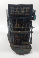 Vintage Abandoned Wild West Boom Town Ghost Town Two Story Bank Building Shaped Metal Coin Bank 8" Tall Made in Hong Kong No Plug