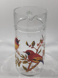 Vintage Red Yellow Blue Birds on Branches 8 1/4" Tall Clear Glass Pitcher Jug Made in France