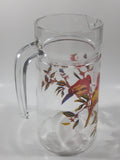 Vintage Red Yellow Blue Birds on Branches 8 1/4" Tall Clear Glass Pitcher Jug Made in France