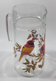 Vintage Red Yellow Blue Birds on Branches 8 1/4" Tall Clear Glass Pitcher Jug Made in France