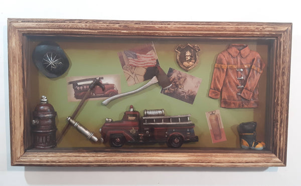 Vintage Firemen Fireighters Firefighting Wood Cased Shadow Box