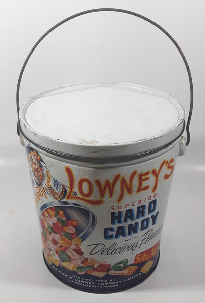 Antique Lowney's Superior Hard Candy with Delicious Flavors 5 Lbs Tin Metal Can Pail with Lid Sherbrooke, Quebec, Canada