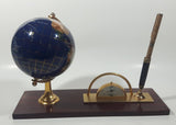 Beautiful 5" Tall Dark Blue with Mother of Pearl and Semi-Precious Gems Gemstones Earth World Map Rotating Globe Clock and Pen Holder On Wood Base