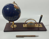 Beautiful 5" Tall Dark Blue with Mother of Pearl and Semi-Precious Gems Gemstones Earth World Map Rotating Globe Clock and Pen Holder On Wood Base