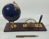 Beautiful 5" Tall Dark Blue with Mother of Pearl and Semi-Precious Gems Gemstones Earth World Map Rotating Globe Clock and Pen Holder On Wood Base