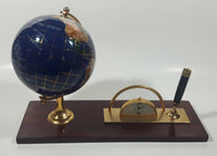 Beautiful 5" Tall Dark Blue with Mother of Pearl and Semi-Precious Gems Gemstones Earth World Map Rotating Globe Clock and Pen Holder On Wood Base