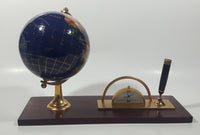 Beautiful 5" Tall Dark Blue with Mother of Pearl and Semi-Precious Gems Gemstones Earth World Map Rotating Globe Clock and Pen Holder On Wood Base