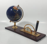 Beautiful 5" Tall Dark Blue with Mother of Pearl and Semi-Precious Gems Gemstones Earth World Map Rotating Globe Clock and Pen Holder On Wood Base