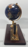 Beautiful 5" Tall Dark Blue with Mother of Pearl and Semi-Precious Gems Gemstones Earth World Map Rotating Globe Clock and Pen Holder On Wood Base